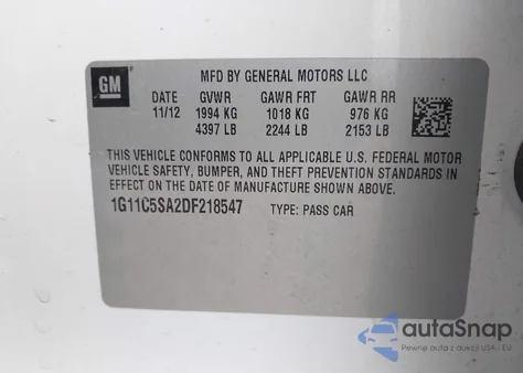 2013 Chevrolet Malibu 1Lt z USA, uszkodzony, nr VIN 1G11C5SA2DF218547